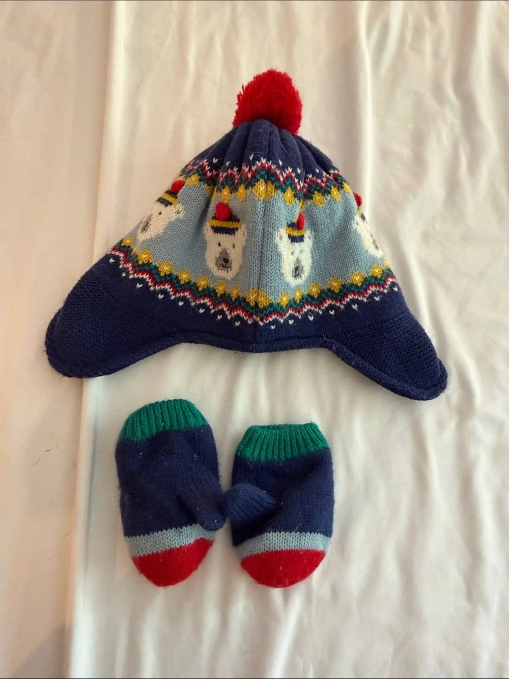 Baby Boden Navy Polar Bear Earflap Hat with Red Pom and Green-Trim Mittens